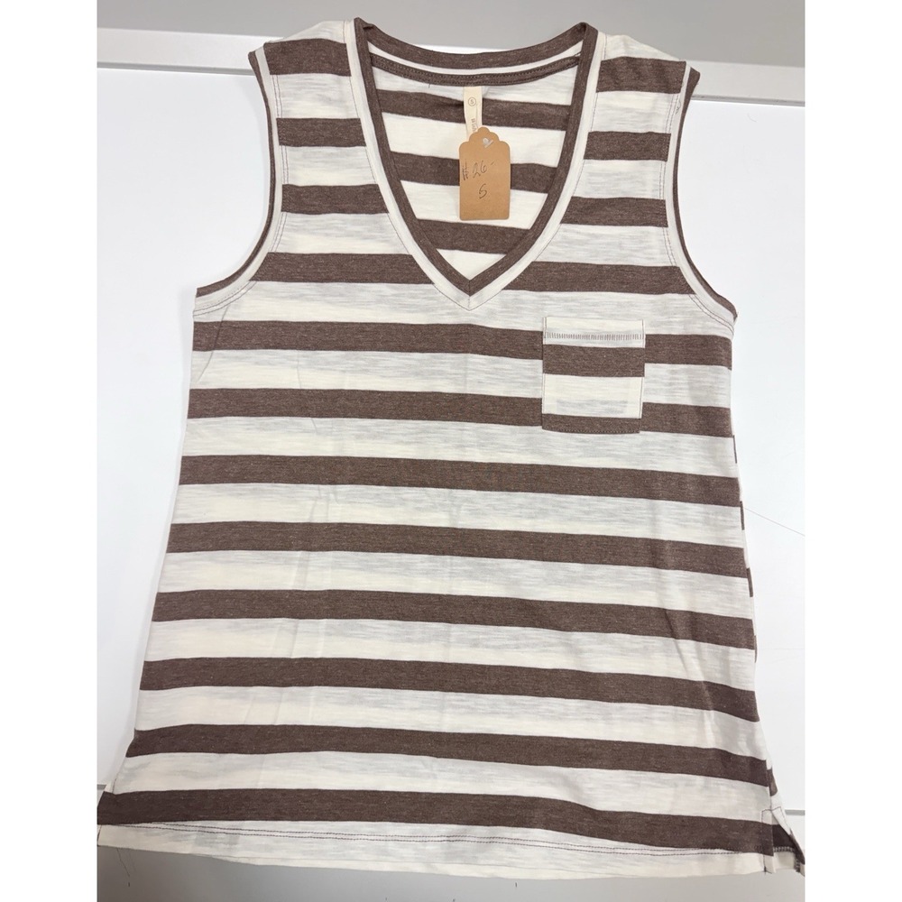 WHISLIST Striped Knit V-Neck Sleeveless Women's Tank Top Pocket Small Brown